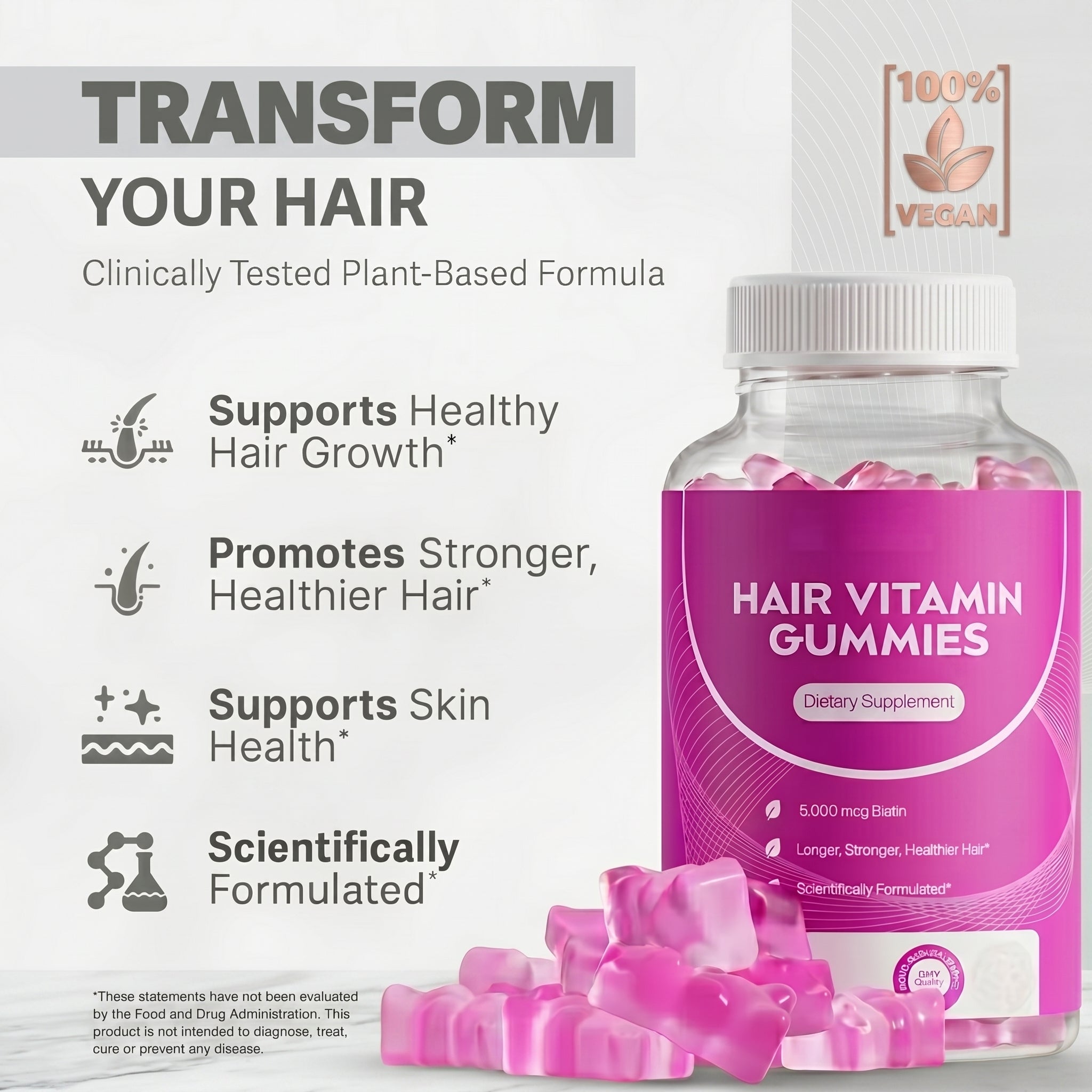 HYBREM™ Ultra-Strength Hair Growth Gummies: Stop Breakage & Stimulate Follicles for Maximum Volume and Shine